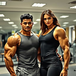 A muscular Malay male bodybuilder standing proudly next to Kendall Jenner, showcasing both strength and beauty