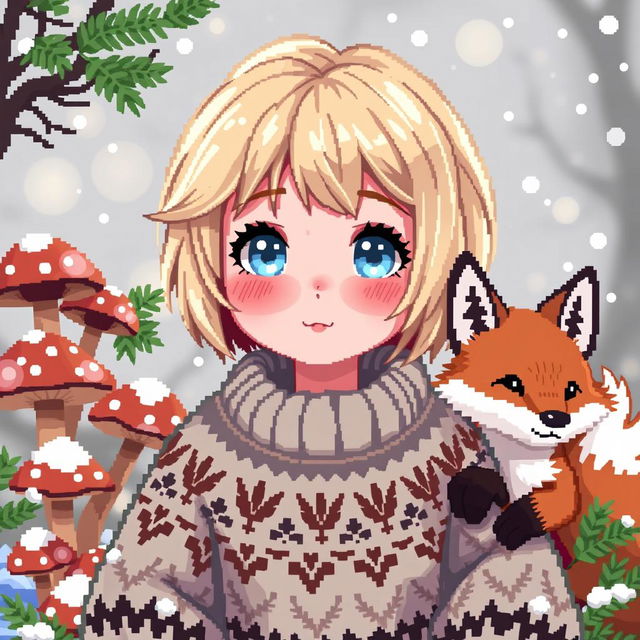 A pixel art style Christmas avatar girl with goblincore aesthetic, accompanied by a cute fox