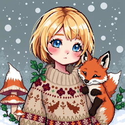A pixel art style Christmas avatar girl with goblincore aesthetic, accompanied by a cute fox