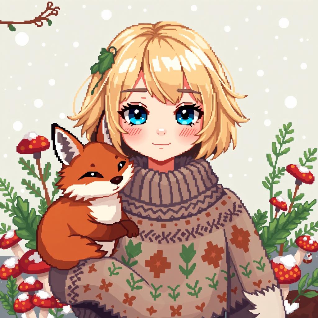 A pixel art style Christmas avatar girl with goblincore aesthetic, accompanied by a cute fox