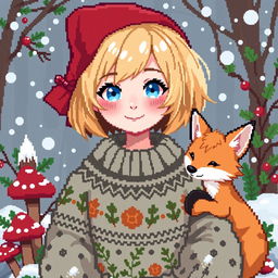 A pixel art style Christmas avatar girl with goblincore aesthetic, accompanied by a cute fox