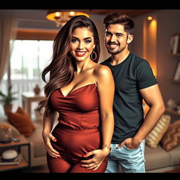 A stylized portrait of a glamorous, curvy woman exuding confidence in a tasteful, elegant outfit, highlighting her attractive features