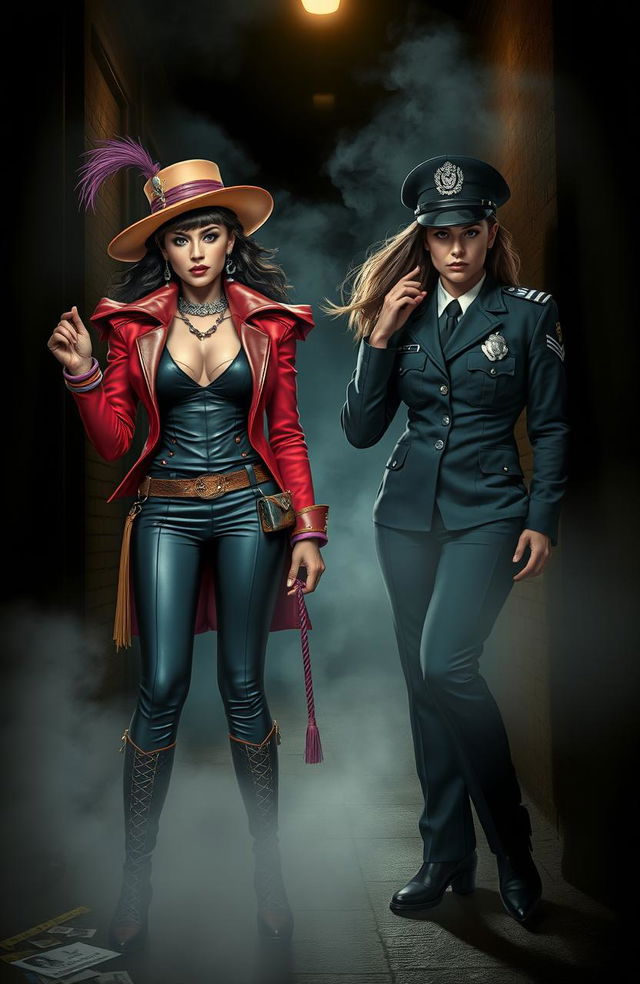 A dramatic scene depicting two adult sisters, one a confident pimp in stylish, bold attire with vibrant colors and accessories, the other a serious police captain in a sharp uniform, both standing in a shadowy alley