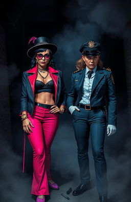 A dramatic scene depicting two adult sisters, one a confident pimp in stylish, bold attire with vibrant colors and accessories, the other a serious police captain in a sharp uniform, both standing in a shadowy alley