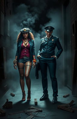 A dramatic scene depicting two adult sisters, one a confident pimp in stylish, bold attire with vibrant colors and accessories, the other a serious police captain in a sharp uniform, both standing in a shadowy alley