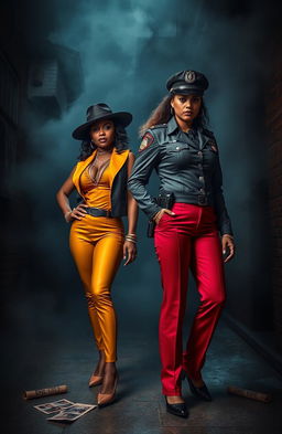 A dramatic scene depicting two adult sisters, one a confident pimp in stylish, bold attire with vibrant colors and accessories, the other a serious police captain in a sharp uniform, both standing in a shadowy alley