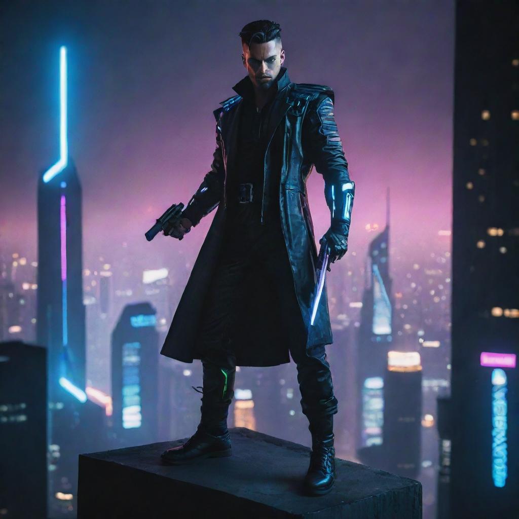 Create a dynamic image of a cyberpunk sword master