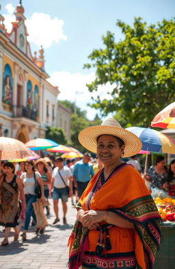 A vibrant, colorful scene capturing a traditional Paraguayan market bustling with activity