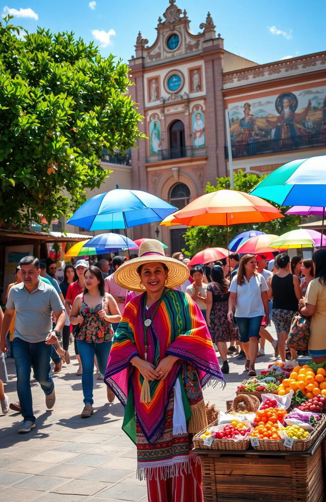 A vibrant, colorful scene capturing a traditional Paraguayan market bustling with activity