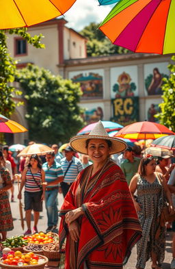 A vibrant, colorful scene capturing a traditional Paraguayan market bustling with activity