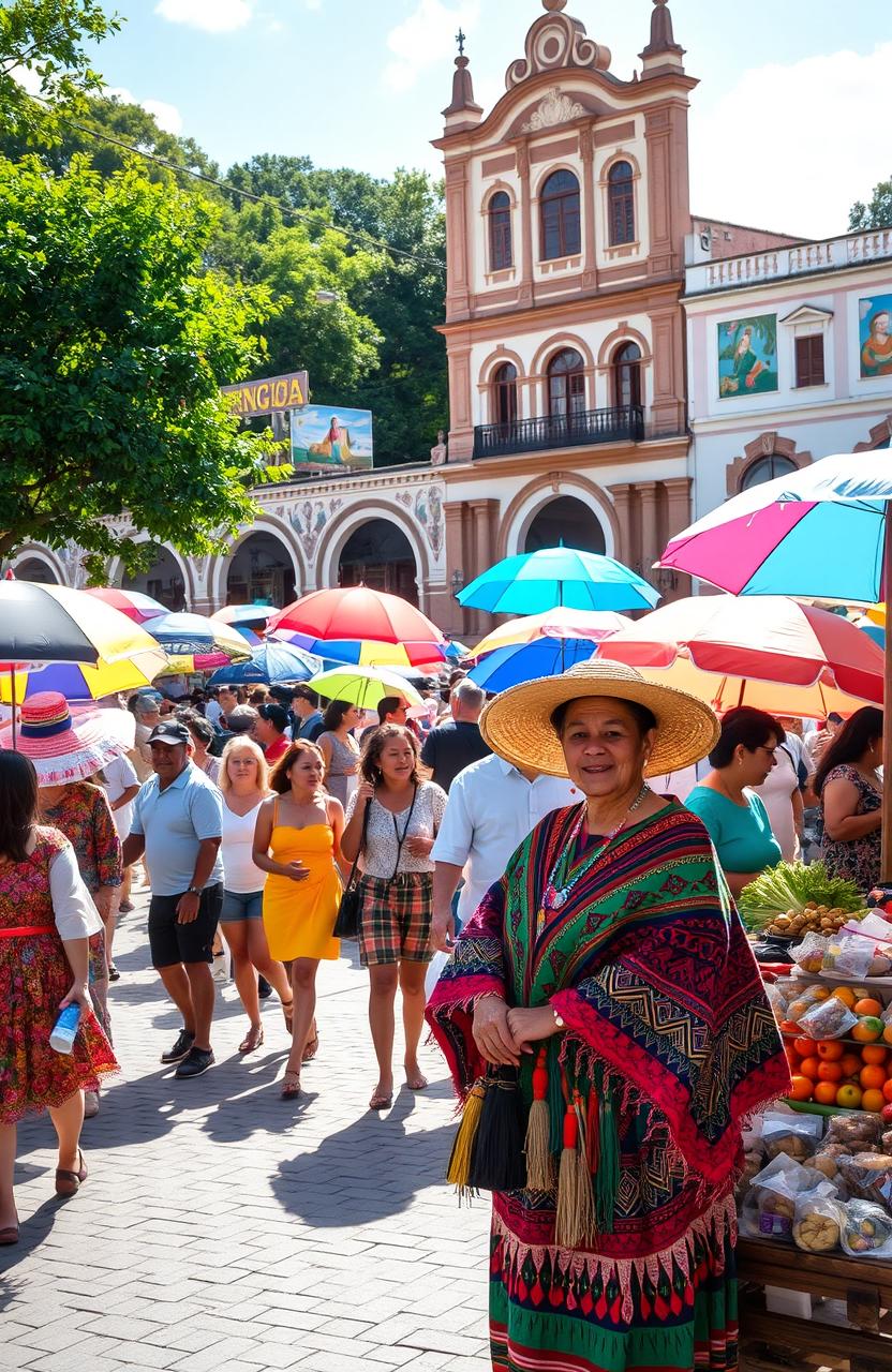 A vibrant, colorful scene capturing a traditional Paraguayan market bustling with activity