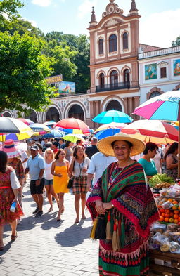 A vibrant, colorful scene capturing a traditional Paraguayan market bustling with activity