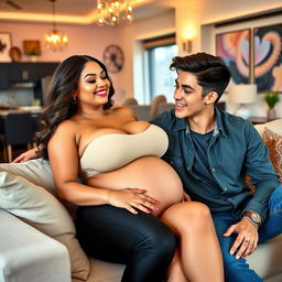 A playful and affectionate scene featuring a stunningly attractive woman, characterized by her curvy figure and large bust, exuding a warm and loving aura