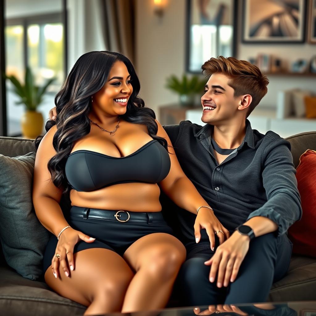 A playful and affectionate scene featuring a stunningly attractive woman, characterized by her curvy figure and large bust, exuding a warm and loving aura