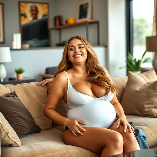 A playful and affectionate scene featuring a stunningly attractive woman, characterized by her curvy figure and large bust, exuding a warm and loving aura