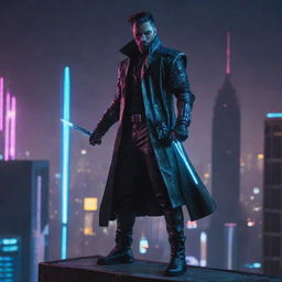 Create a dynamic image of a cyberpunk sword master