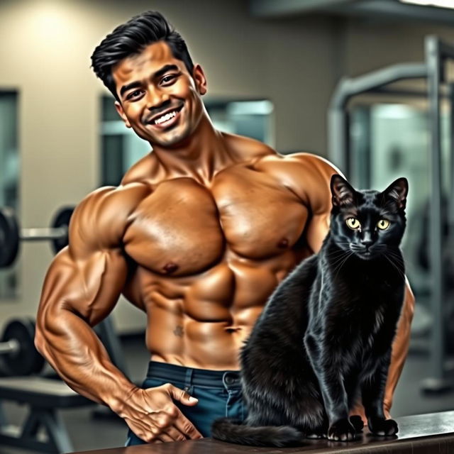 A Malay male bodybuilder with a muscular physique, confidently posing in a gym setting, showcasing his strength and fitness