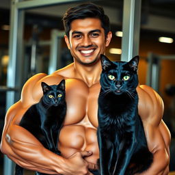 A Malay male bodybuilder with a muscular physique, confidently posing in a gym setting, showcasing his strength and fitness