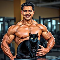 A Malay male bodybuilder with a muscular physique, confidently posing in a gym setting, showcasing his strength and fitness