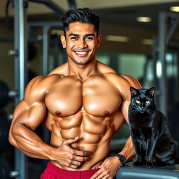 A Malay male bodybuilder with a muscular physique, confidently posing in a gym setting, showcasing his strength and fitness