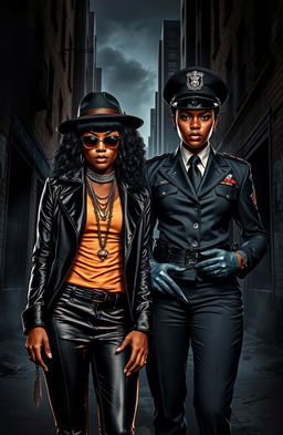 A dramatic scene depicting two adult Black sisters standing in a tense urban environment, reflective of their challenging upbringing in the ghetto