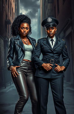 A dramatic scene depicting two adult Black sisters standing in a tense urban environment, reflective of their challenging upbringing in the ghetto