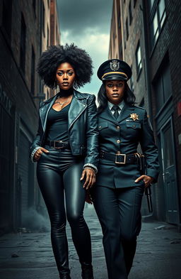 A dramatic scene depicting two adult Black sisters standing in a tense urban environment, reflective of their challenging upbringing in the ghetto