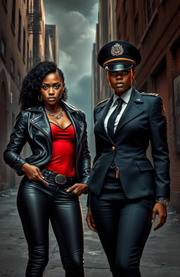 A dramatic scene depicting two adult Black sisters standing in a tense urban environment, reflective of their challenging upbringing in the ghetto