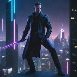 Create a dynamic image of a cyberpunk sword master