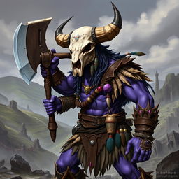 A semi-orc barbarian character with striking purple skin, brandishing a hefty axe
