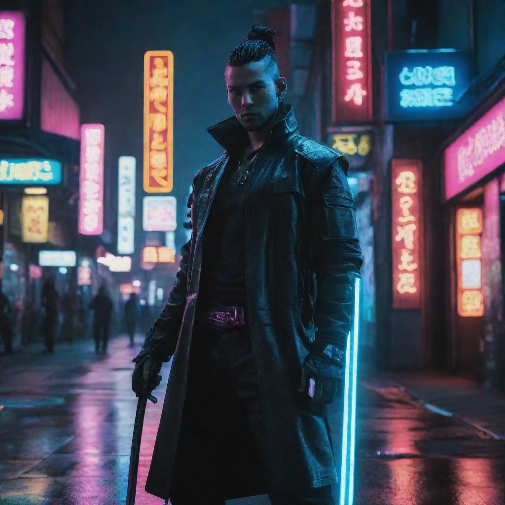 Generate a stunning image of a cyberpunk character holding a glowing katana blade