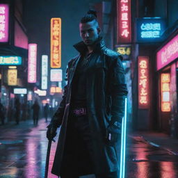 Generate a stunning image of a cyberpunk character holding a glowing katana blade