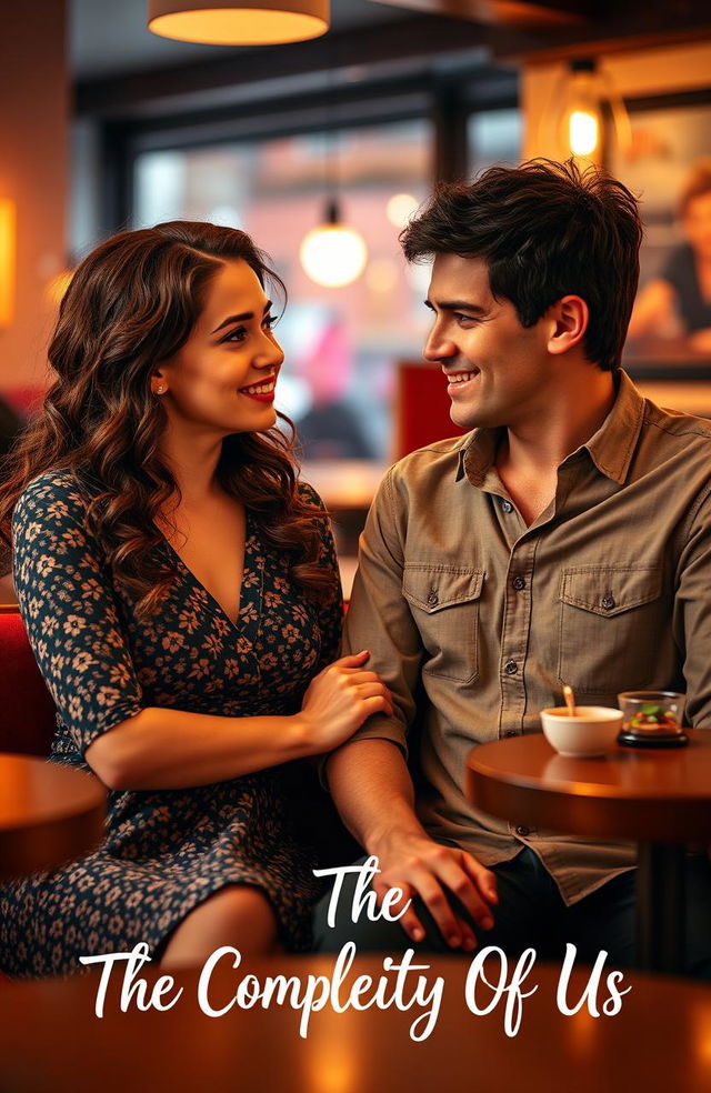 A romantic comedy scene showcasing the enemies to lovers vibe, featuring a charming couple in a light-hearted confrontation, with playful banter in a cozy café setting