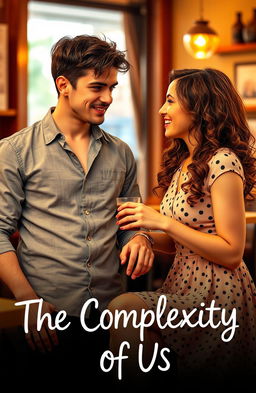A romantic comedy scene showcasing the enemies to lovers vibe, featuring a charming couple in a light-hearted confrontation, with playful banter in a cozy café setting