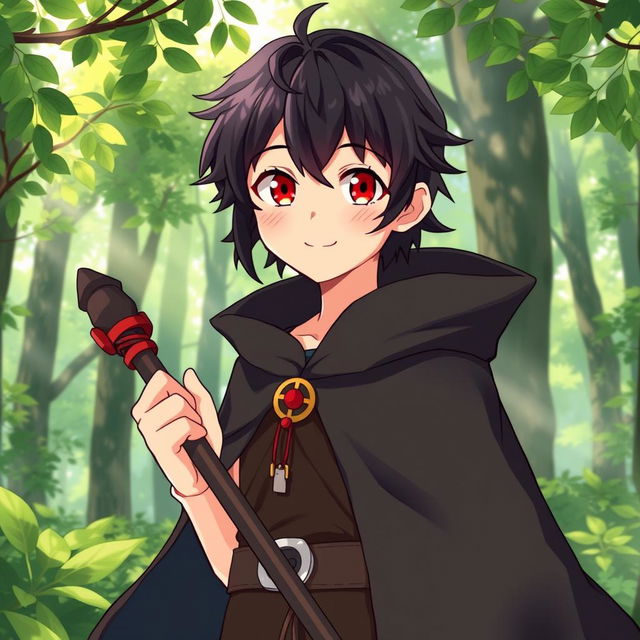 A charming 16-year-old anime boy with dark hair and striking red eyes, wearing a flowing black cloak, stands heroically in a lush green forest