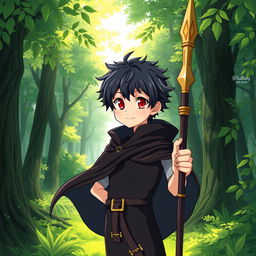 A charming 16-year-old anime boy with dark hair and striking red eyes, wearing a flowing black cloak, stands heroically in a lush green forest