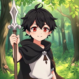 A charming 16-year-old anime boy with dark hair and striking red eyes, wearing a flowing black cloak, stands heroically in a lush green forest