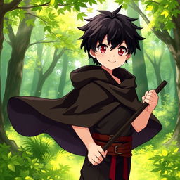 A charming 16-year-old anime boy with dark hair and striking red eyes, wearing a flowing black cloak, stands heroically in a lush green forest