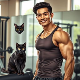 A realistic portrayal of a Malay male bodybuilder with a well-defined, muscular physique, standing confidently in a gym environment