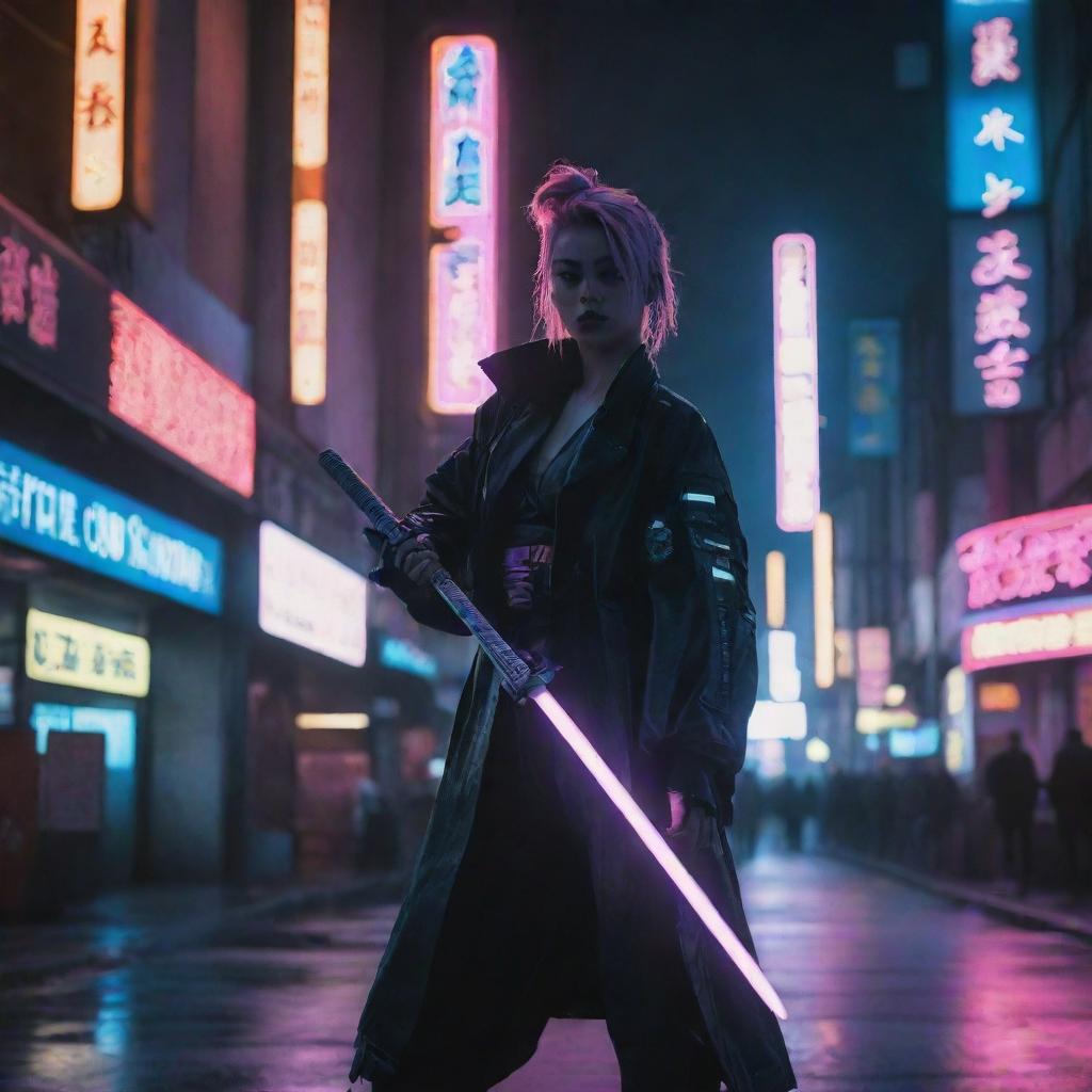 Generate a stunning image of a cyberpunk character holding a glowing katana blade