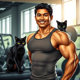 A realistic portrayal of a Malay male bodybuilder with a well-defined, muscular physique, standing confidently in a gym environment