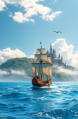 A majestic ship sailing on a vibrant blue ocean, with sails billowing in the wind, heading towards a grand kingdom set on a lush green coastline