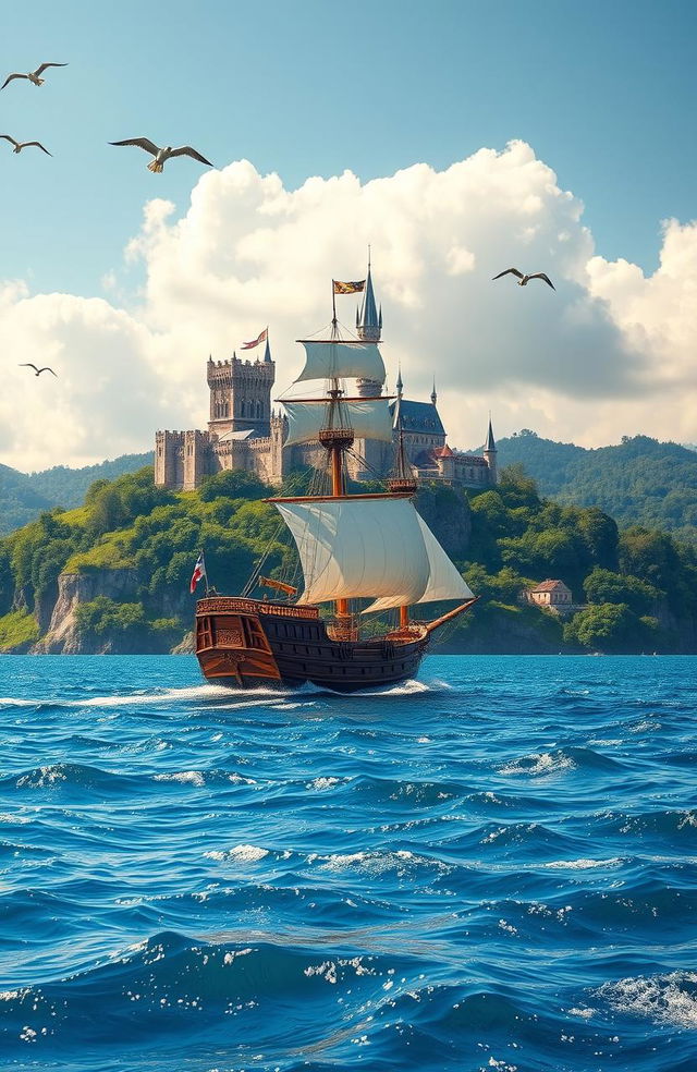 A majestic ship sailing on a vibrant blue ocean, with sails billowing in the wind, heading towards a grand kingdom set on a lush green coastline