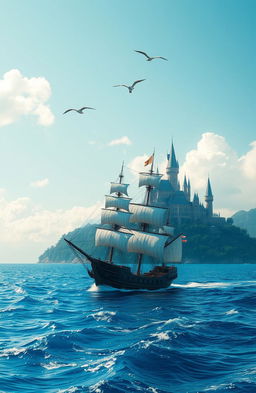 A majestic ship sailing on a vibrant blue ocean, with sails billowing in the wind, heading towards a grand kingdom set on a lush green coastline