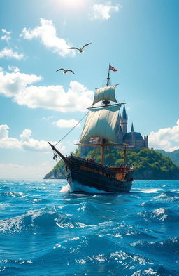A majestic ship sailing on a vibrant blue ocean, with sails billowing in the wind, heading towards a grand kingdom set on a lush green coastline