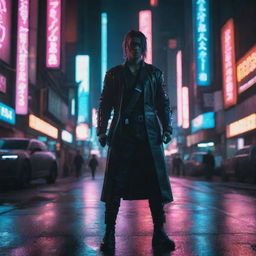 Generate a stunning image of a cyberpunk character holding a glowing katana blade