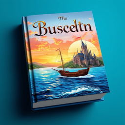 A captivating book cover design featuring a majestic ship sailing across a vibrant blue ocean, heading towards a grand kingdom in the distance
