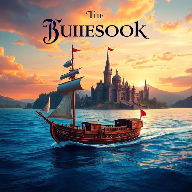 A captivating book cover design featuring a majestic ship sailing across a vibrant blue ocean, heading towards a grand kingdom in the distance