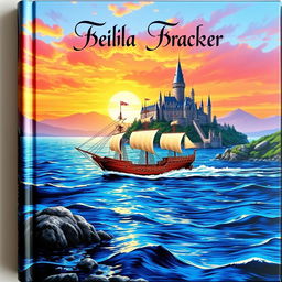 A captivating book cover design featuring a majestic ship sailing across a vibrant blue ocean, heading towards a grand kingdom in the distance