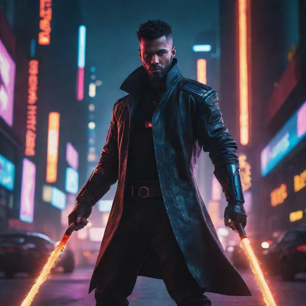 Create a striking image of a cyberpunk character wielding a fire-blade sword